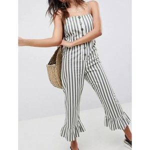 ASOS Green Cream Flare Button Down Stripe Jumpsuit